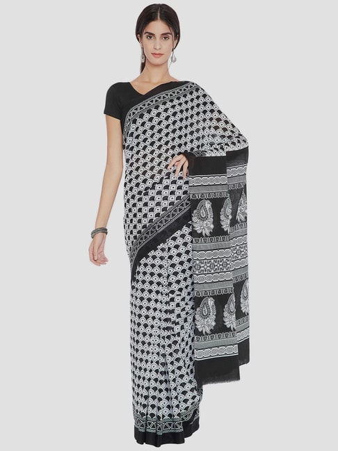 Kalakari India Black & White Cotton Printed Saree With Unstitched Blouse Price in India