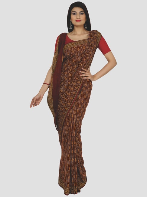 Kalakari India Brown & Yellow Cotton Printed Saree With Unstitched Blouse Price in India
