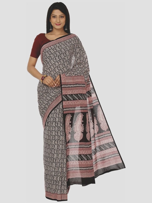 Kalakari India Black & Beige Cotton Printed Saree With Unstitched Blouse Price in India