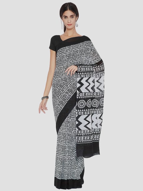 Kalakari India Black & White Cotton Printed Saree With Unstitched Blouse Price in India