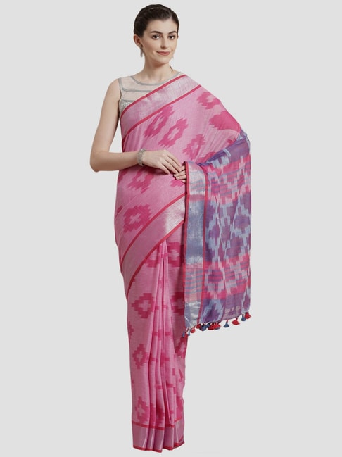 Kalakari India Pink Linen Printed Saree With Unstitched Blouse Price in India