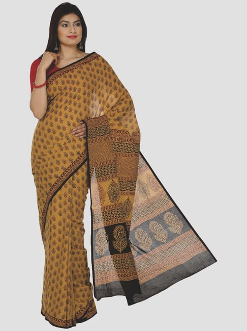 Kalakari India Yellow & Maroon Cotton Printed Saree With Unstitched Blouse Price in India