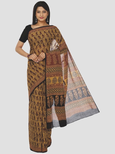 Kalakari India Yellow Cotton Printed Saree With Unstitched Blouse Price in India