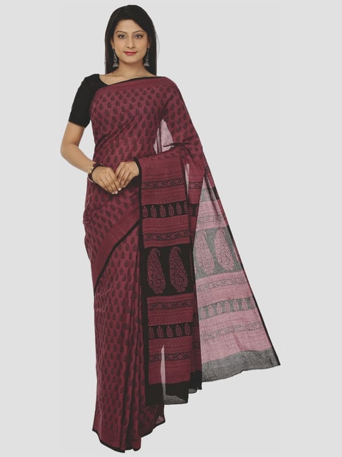 Kalakari India Peach & Black Cotton Printed Saree With Unstitched Blouse Price in India