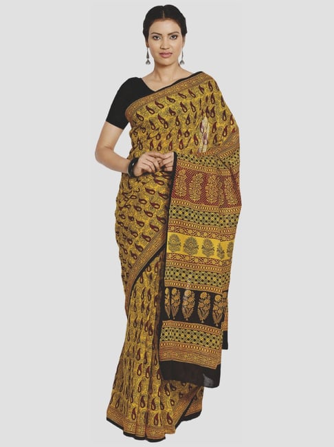 Kalakari India Yellow Cotton Printed Saree With Unstitched Blouse Price in India