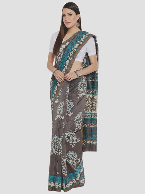 Kalakari India Grey & Turquoise Printed Saree With Unstitched Blouse Price in India