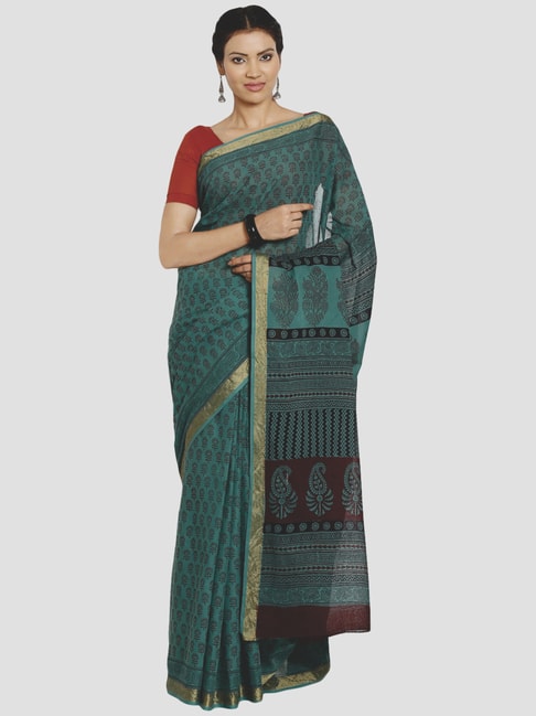 Kalakari India Green Cotton Printed Saree With Unstitched Blouse Price in India
