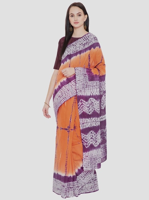 Kalakari India Orange & Purple Cotton Printed Saree With Unstitched Blouse Price in India