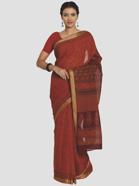 Kalakari India Brown & Orange Cotton Printed Saree With Unstitched Blouse Price in India