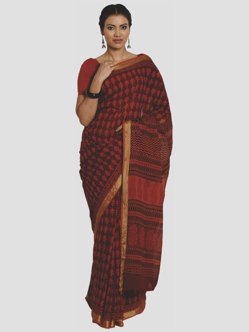 Kalakari India Brown Cotton Printed Saree With Unstitched Blouse Price in India
