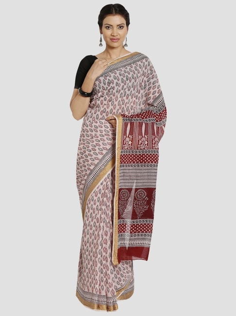 Kalakari India Peach Cotton Printed Saree With Unstitched Blouse Price in India