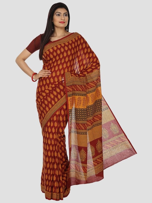 Kalakari India Maroon & Yellow Cotton Printed Saree With Unstitched Blouse Price in India