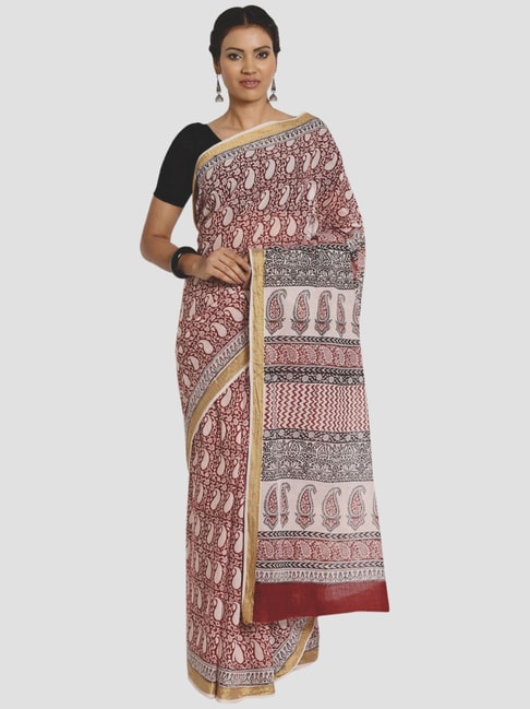 Kalakari India Brown & White Cotton Printed Saree With Unstitched Blouse Price in India