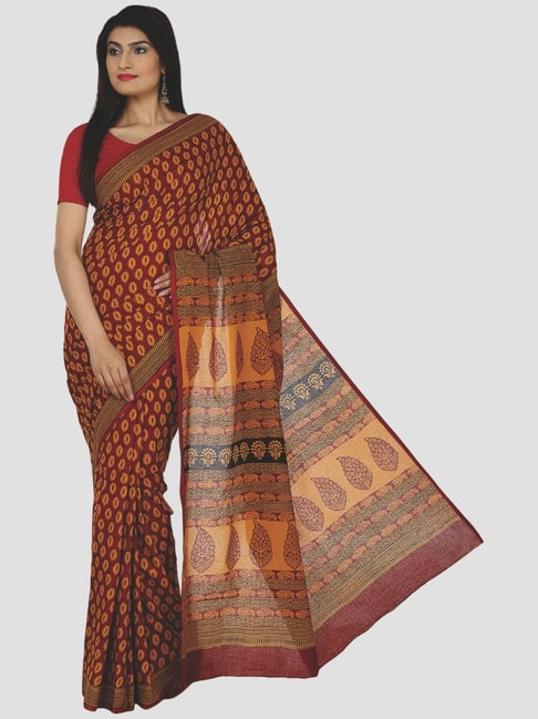 Kalakari India Maroon & Yellow Cotton Printed Saree With Unstitched Blouse Price in India