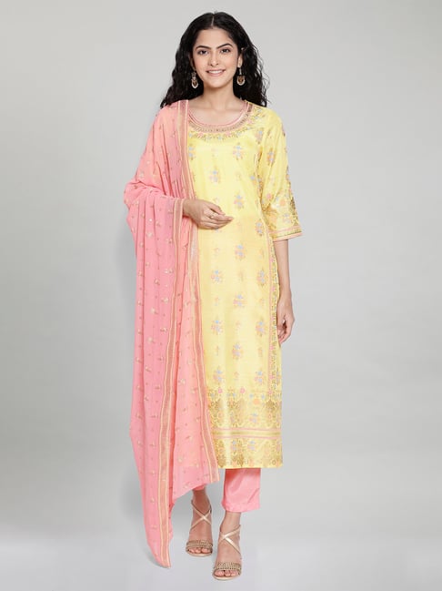 Aurelia Yellow Printed Kurta & Trouser With Dupatta