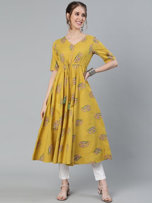 Aks Yellow Cotton Printed A Line Kurta