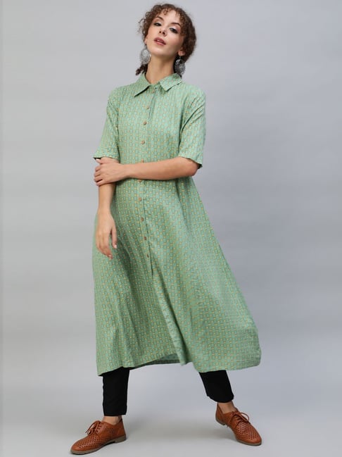 Aks Green Printed A Line Kurta