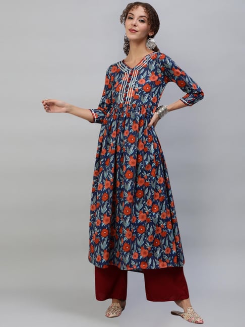 Aks Blue Cotton Printed A Line Kurta