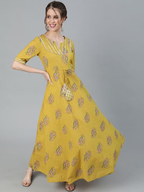 Aks Yellow Cotton Printed Maxi Dress Price in India
