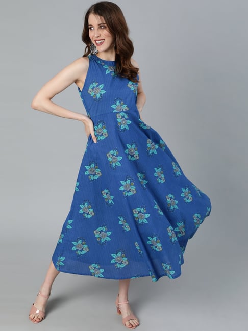 Aks Blue Cotton Printed A-Line Dress