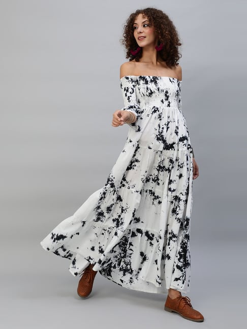 Aks White Cotton Printed Maxi Dress