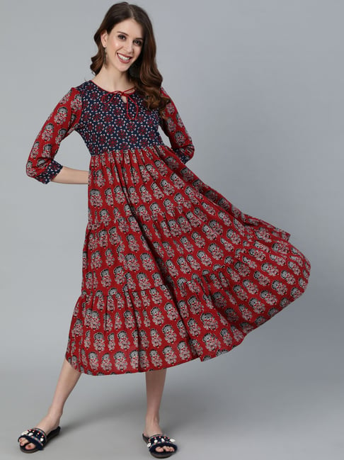 Aks Maroon & Blue Cotton Printed A-Line Dress Price in India