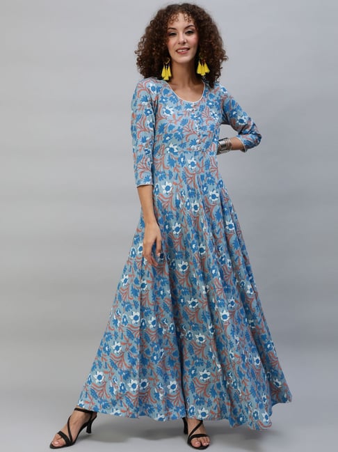 Aks Blue Printed Maxi Dress Price in India