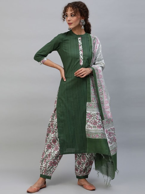 Aks Green & White Cotton Printed Kurta Pant Set With Dupatta Price in India