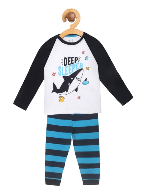 Lazy Shark Kids White & Black Printed T-Shirt with Pants