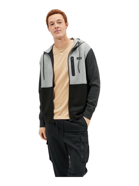 American Eagle Outfitters Grey & Black Regular Fit Colour Block Hooded Sweatshirt