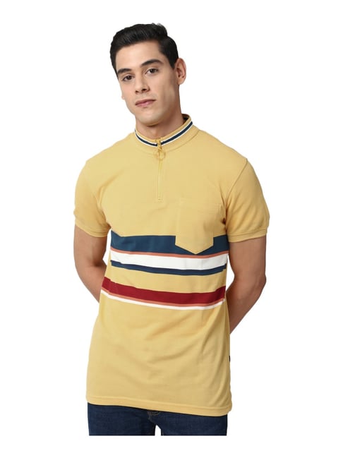 Peter England Yellow Slim Fit Striped Polo T-Shirt