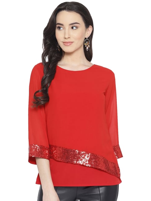 Cottinfab Red Embellished A-Line Top Price in India