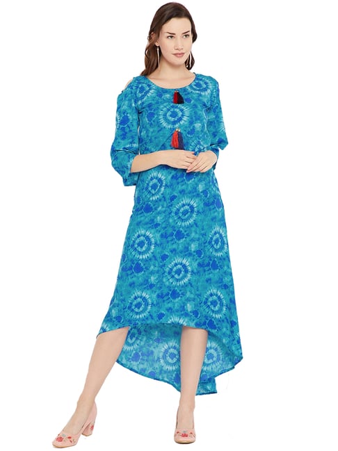 Cottinfab Blue Printed High-Low Dress Price in India