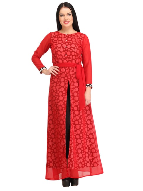 Cottinfab Red Printed A-Line Dress Price in India