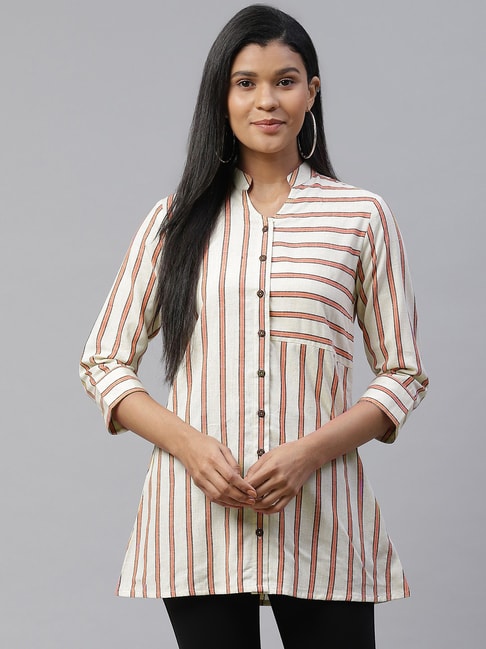 Cottinfab Cream Striped Shirt Price in India