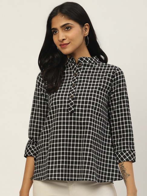 Cottinfab Black Check Top Price in India