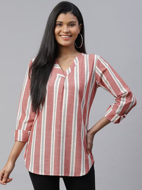 Cottinfab Off White & Red Striped Top