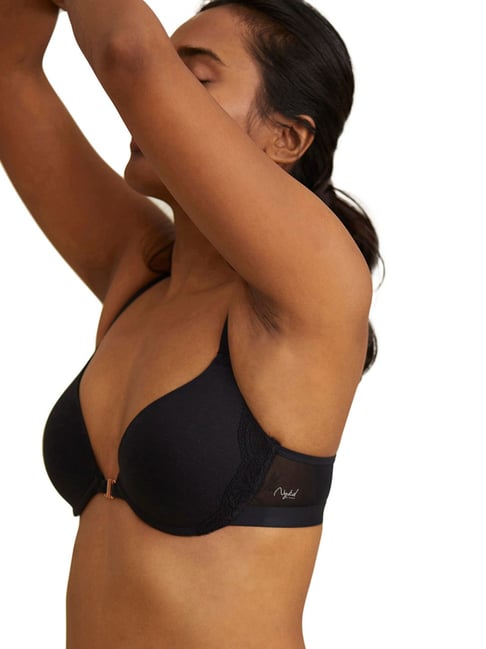 Nykd Breathe Lace Push Up Front Open Bra - Padded, Wired, Demi Coverage - Black Price in India