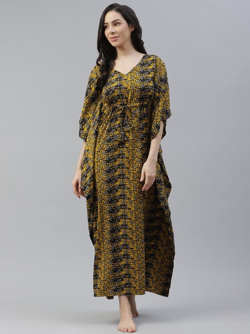 Cottinfab Crepe Yellow & Black Printed Kaftan Night Dress-picture-19