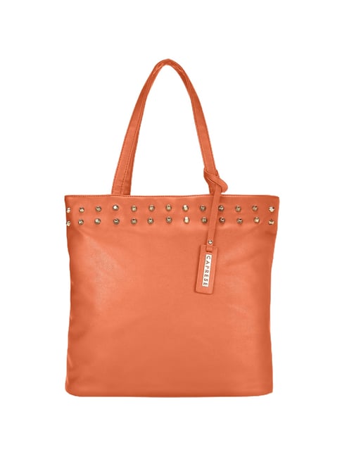 Caprese Lenny Orange Rivets Medium Tote Handbag Price in India