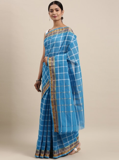 The Chennai Silks Women's Blue Chettinad Pure Cotton Saree Price in India