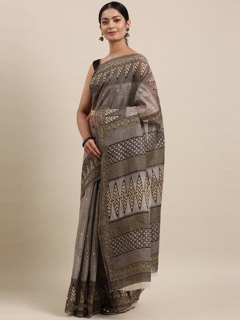 The Chennai Silks Women's Grey Printed South Cotton Saree With Blouse Price in India