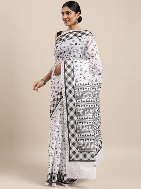 The Chennai Silks Women's Off White Printed South Cotton Saree With Blouse Price in India