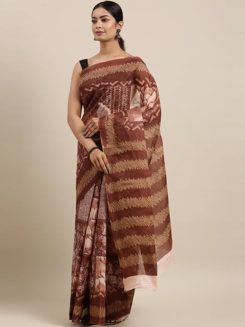 The Chennai Silks Women's Brown Printed South Cotton Saree With Blouse Price in India