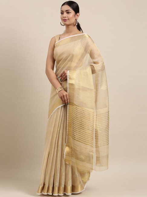 The Chennai Silks Women's Gold Banarasi Tissue Saree With Blouse Price in India