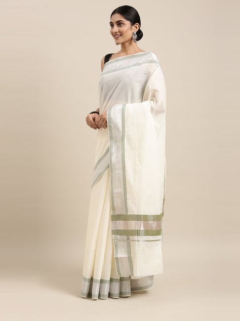 The Chennai Silks Women's Off White Kerala Kasavu Cotton Saree With Blouse Price in India