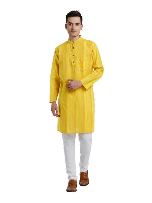 Abhiyuthan Yellow Striped Kurta