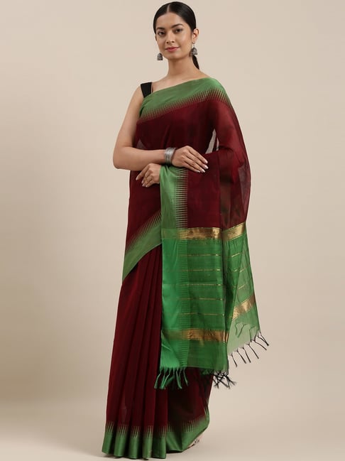 The Chennai Silks Maroon Contemporary Mahehwari Silk Cotton Saree With Blouse Price in India