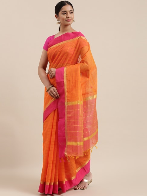 The Chennai Silks Orange Contemporary Mahehwari Silk Cotton Saree With Blouse Price in India
