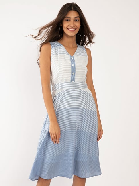 Zink London White & Blue Striped Dress Price in India